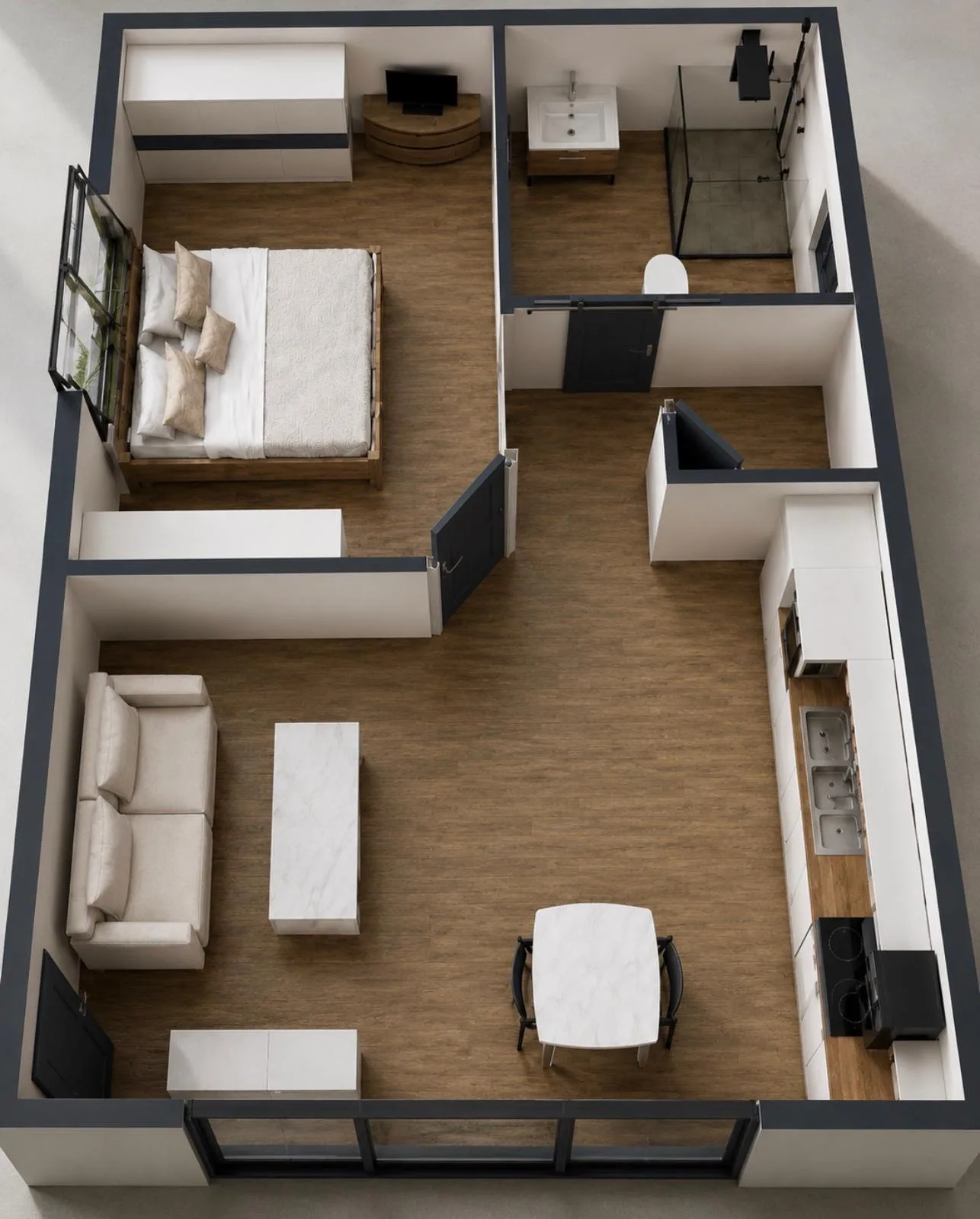 Plan intérieur 3D de la maison rénovée de Bex : chambre, séjour-cuisine et salle de bains