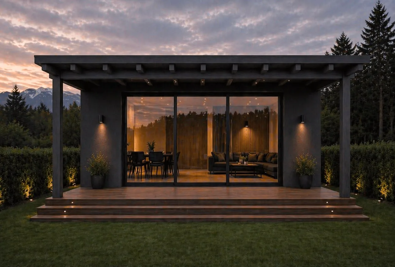Terrasse couverte de la maison de Bex au coucher du soleil, vue sur les montagnes