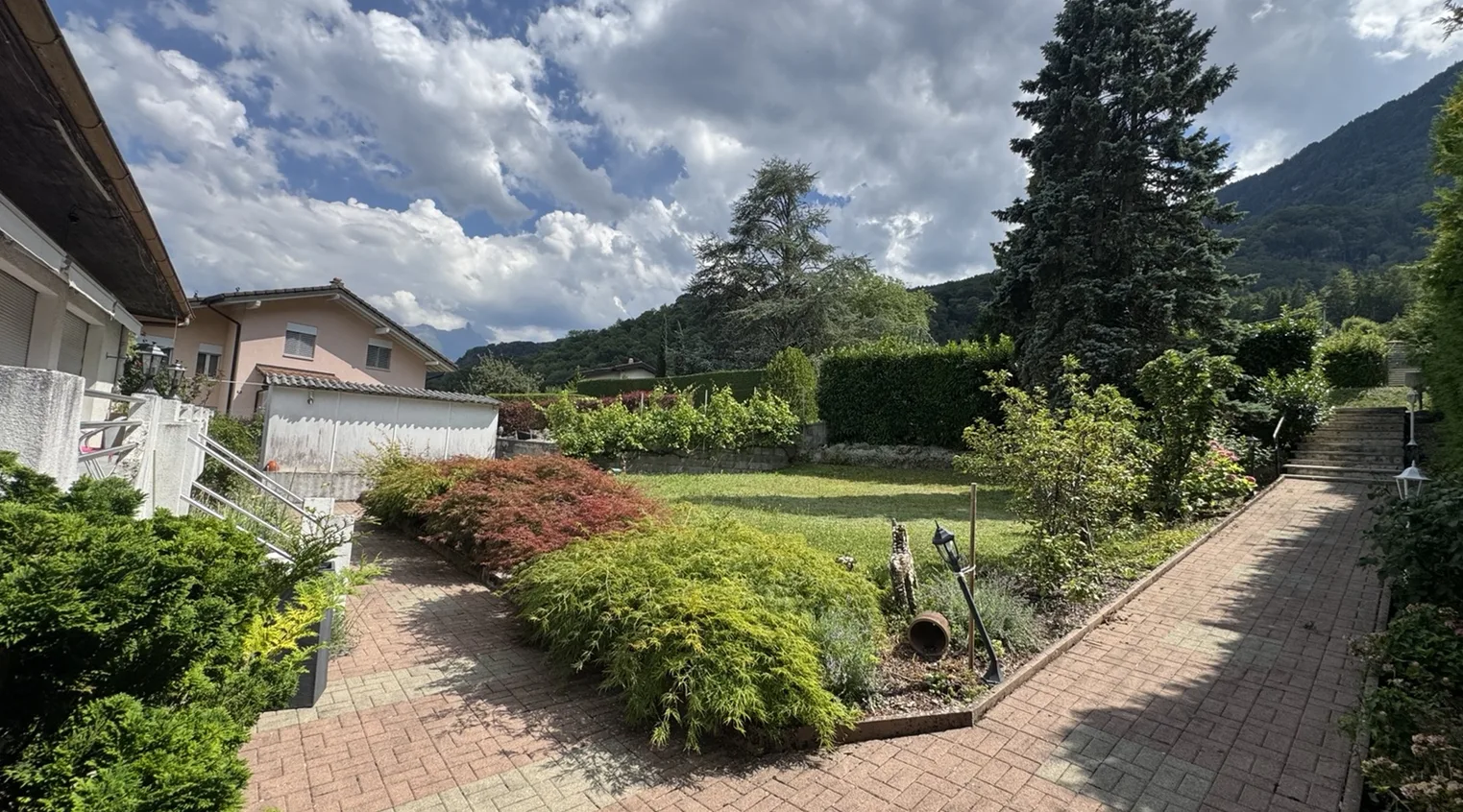 Pelouse du jardin avec grand conifère, vue sur la vallée et les montagnes