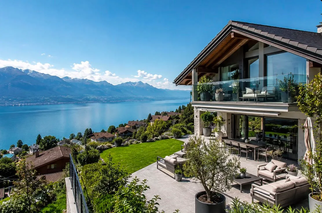 Terrasse d'une villa contemporaine surplombant le Léman et les Alpes