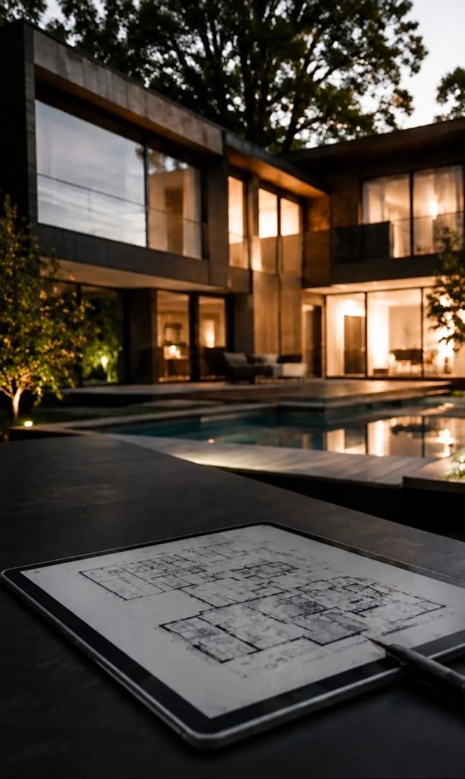 Plans d'architecte posés face à une villa contemporaine, en vue d'une estimation
