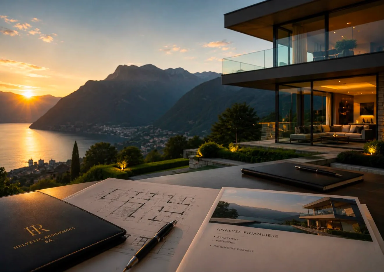 Analyse financière d'un bien immobilier face au Léman au coucher du soleil